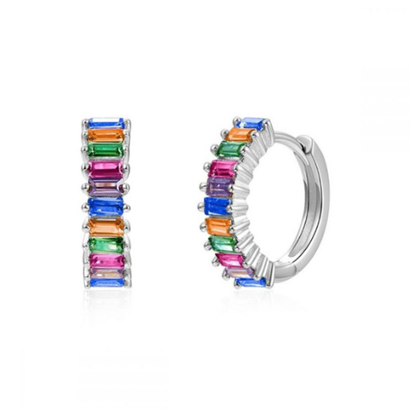 Multicolor Rainbow Cubic Zirconia Baguette Sterling Huggies - Click Image to Close